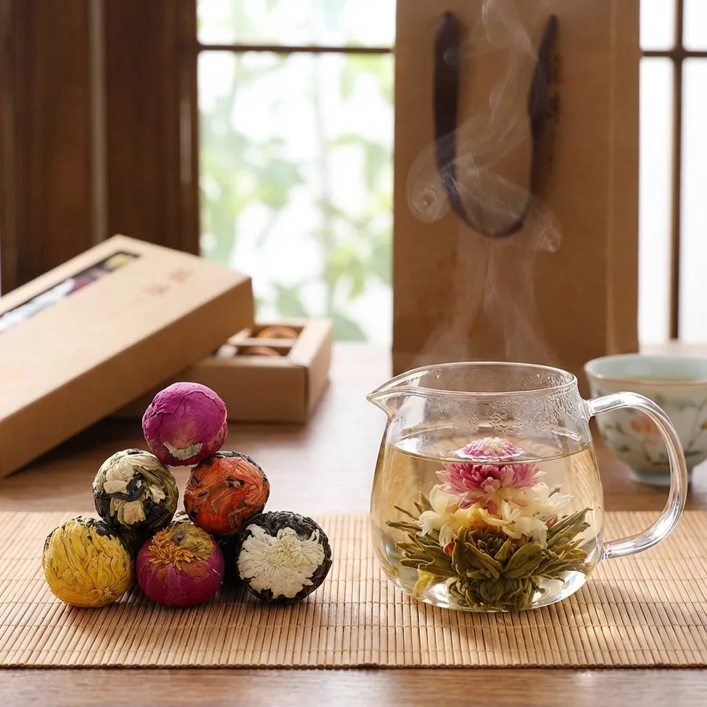 Colorful tea balls and a glass teapot with flowers on a wooden table.