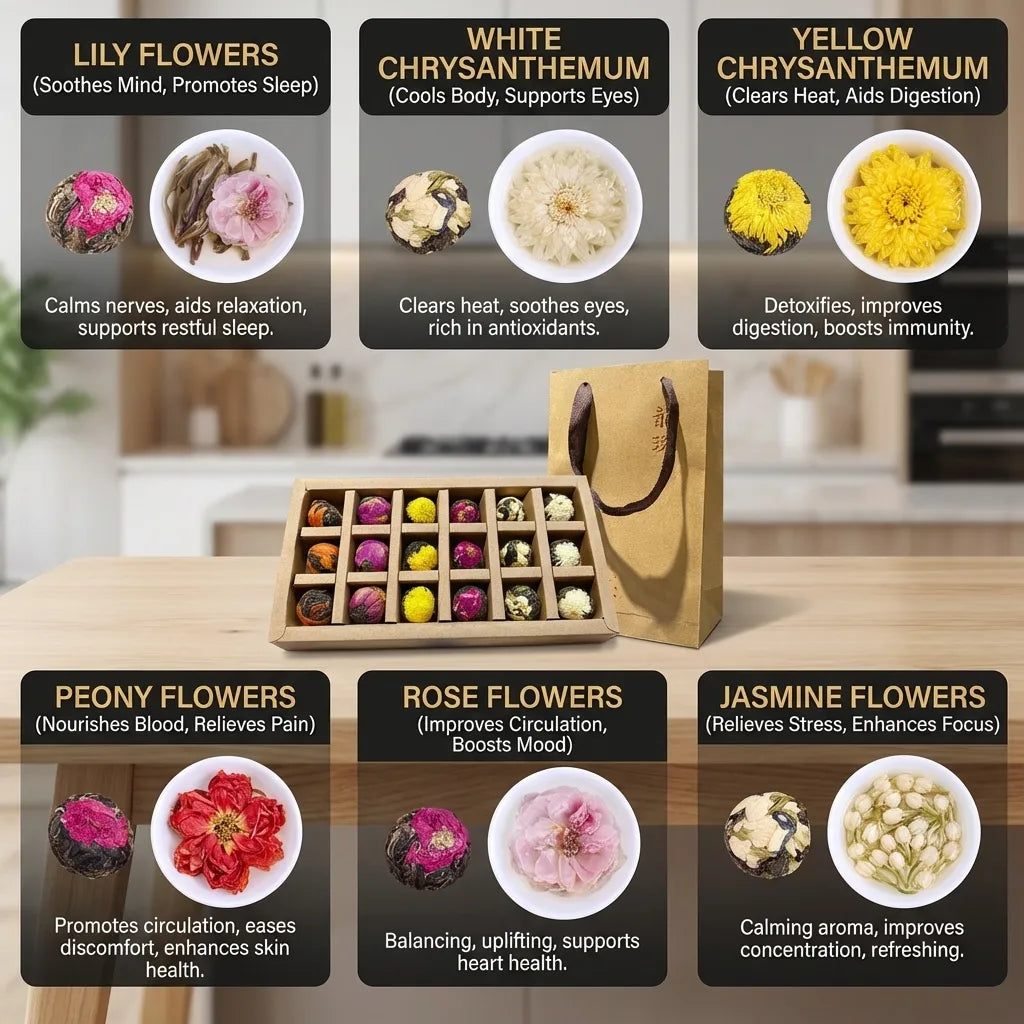 Herbal flowers with their benefits displayed on a wooden table.