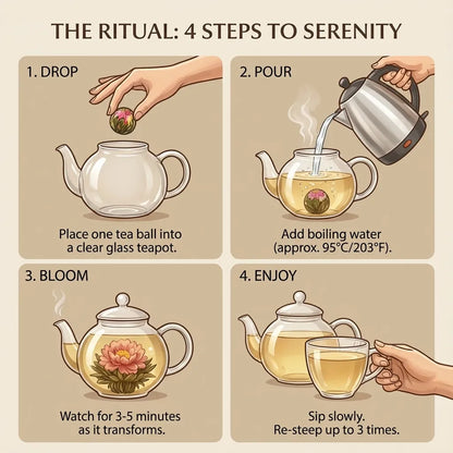 Illustration of the steps to make tea with teapot and cup on a beige background