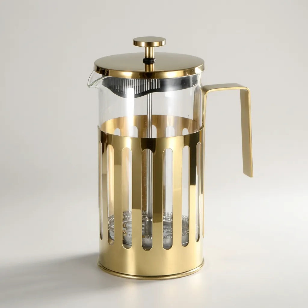Gold French press coffee maker on a light gray background
