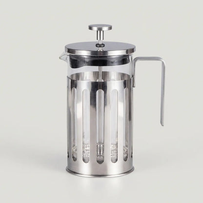 Stainless steel French press coffee maker on a light gray background