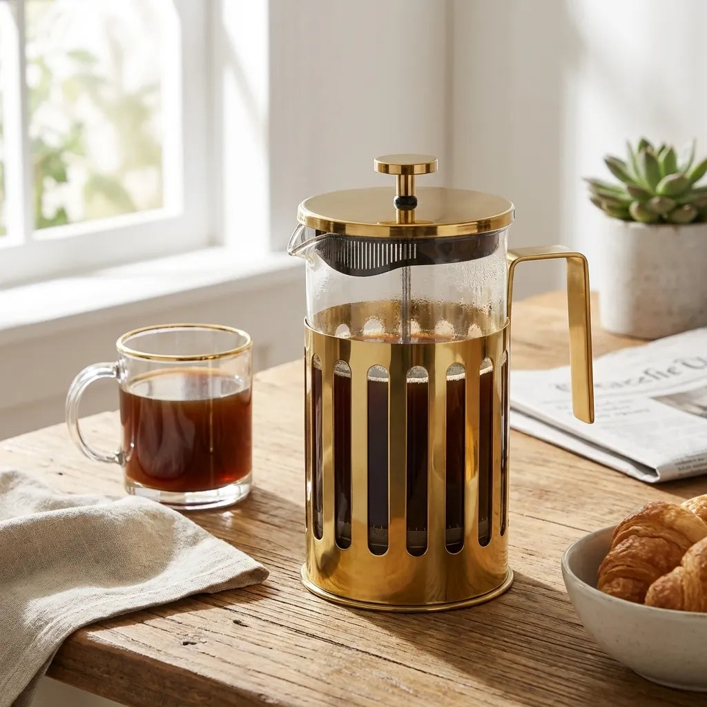 Gold French press filled with coffee on a wooden table with a glass of coffee and croissants.