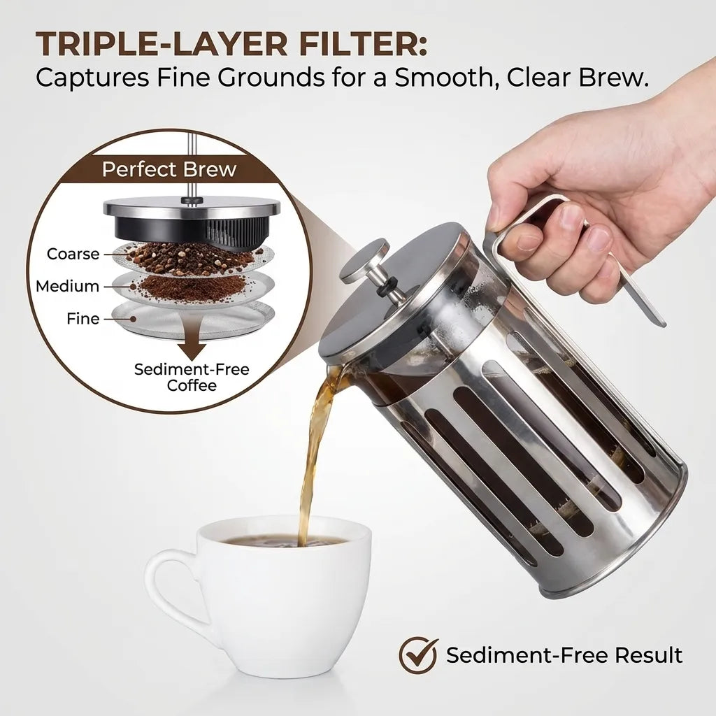 French press coffee maker with a hand pouring coffee into a cup, highlighting the triple-layer filter feature.