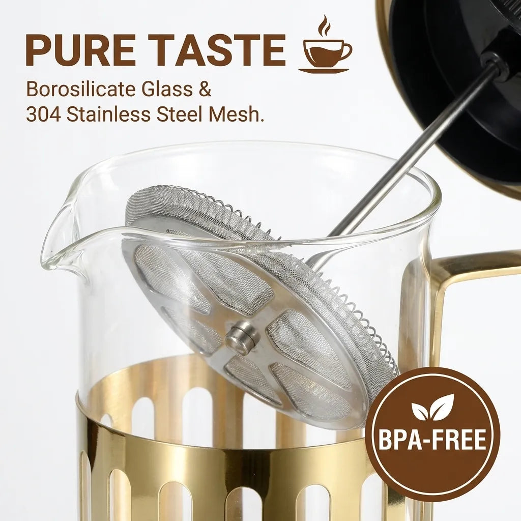 Coffee maker with glass carafe and stainless steel mesh, featuring 'Pure Taste' and 'BPA-Free' labels.