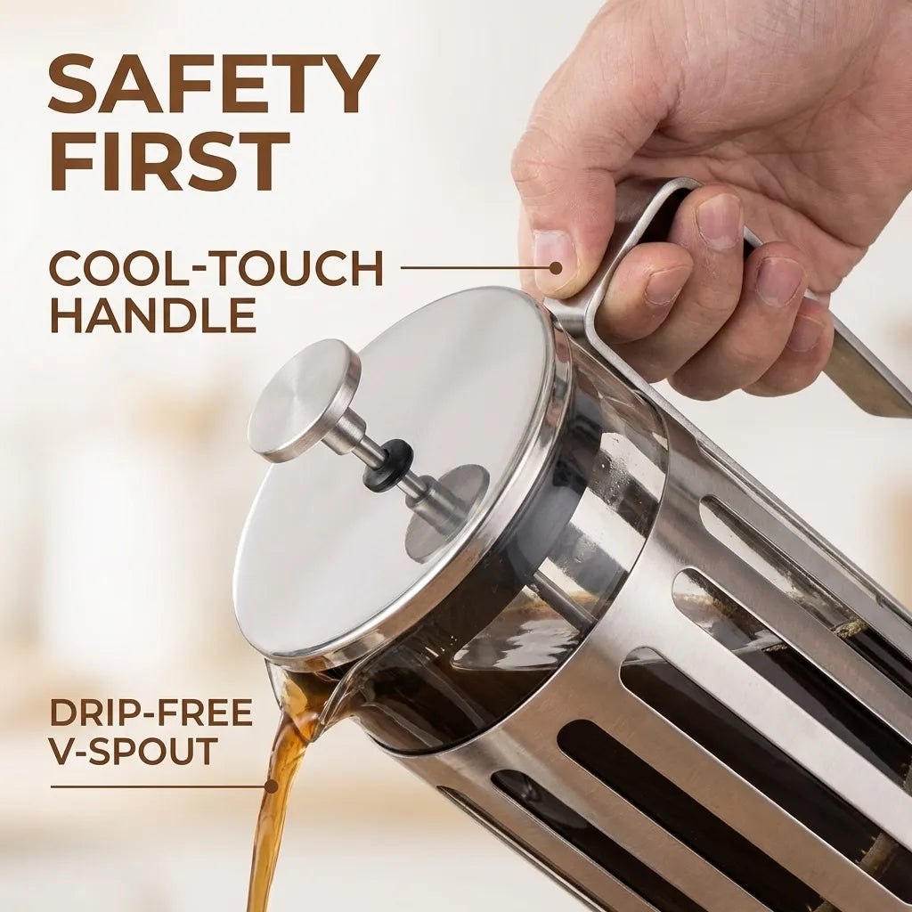 Stainless steel French press with hand holding it, featuring 'Safety First' text and product features.