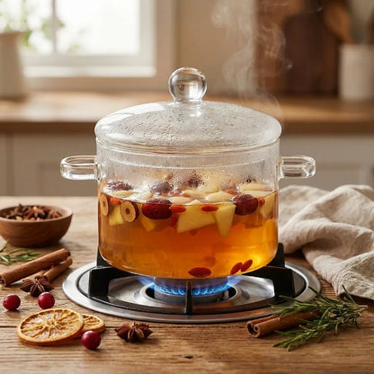 Glass pot with a boiling beverage on a stove, surrounded by spices and fruits on a wooden table.