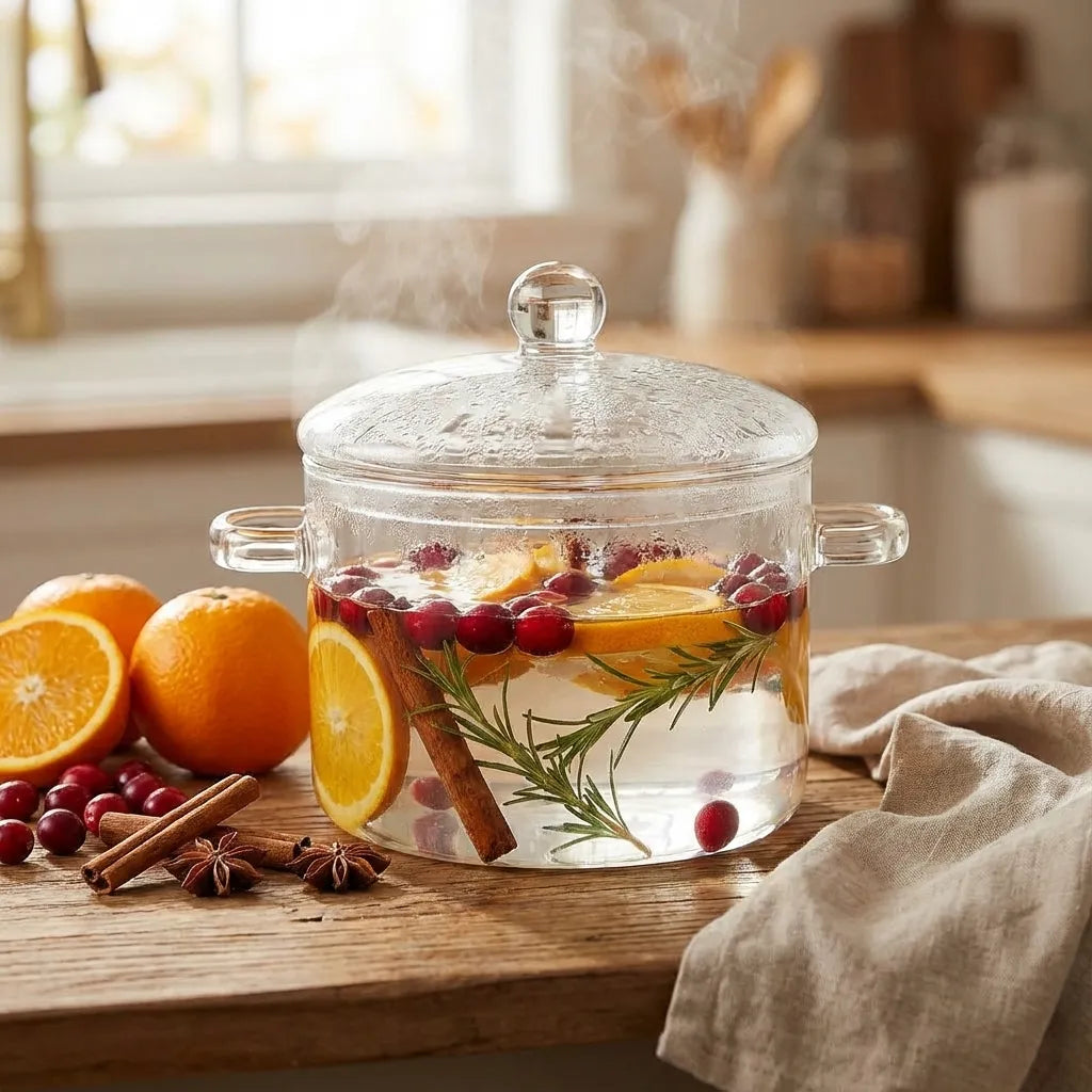 Glass simmer pot with fruit and herbs on a wooden surface