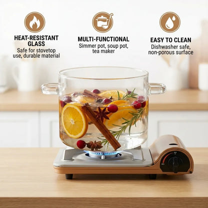 Glass pot with simmering ingredients on a stove, featuring heat-resistant glass, multi-functional use, and easy cleaning properties.