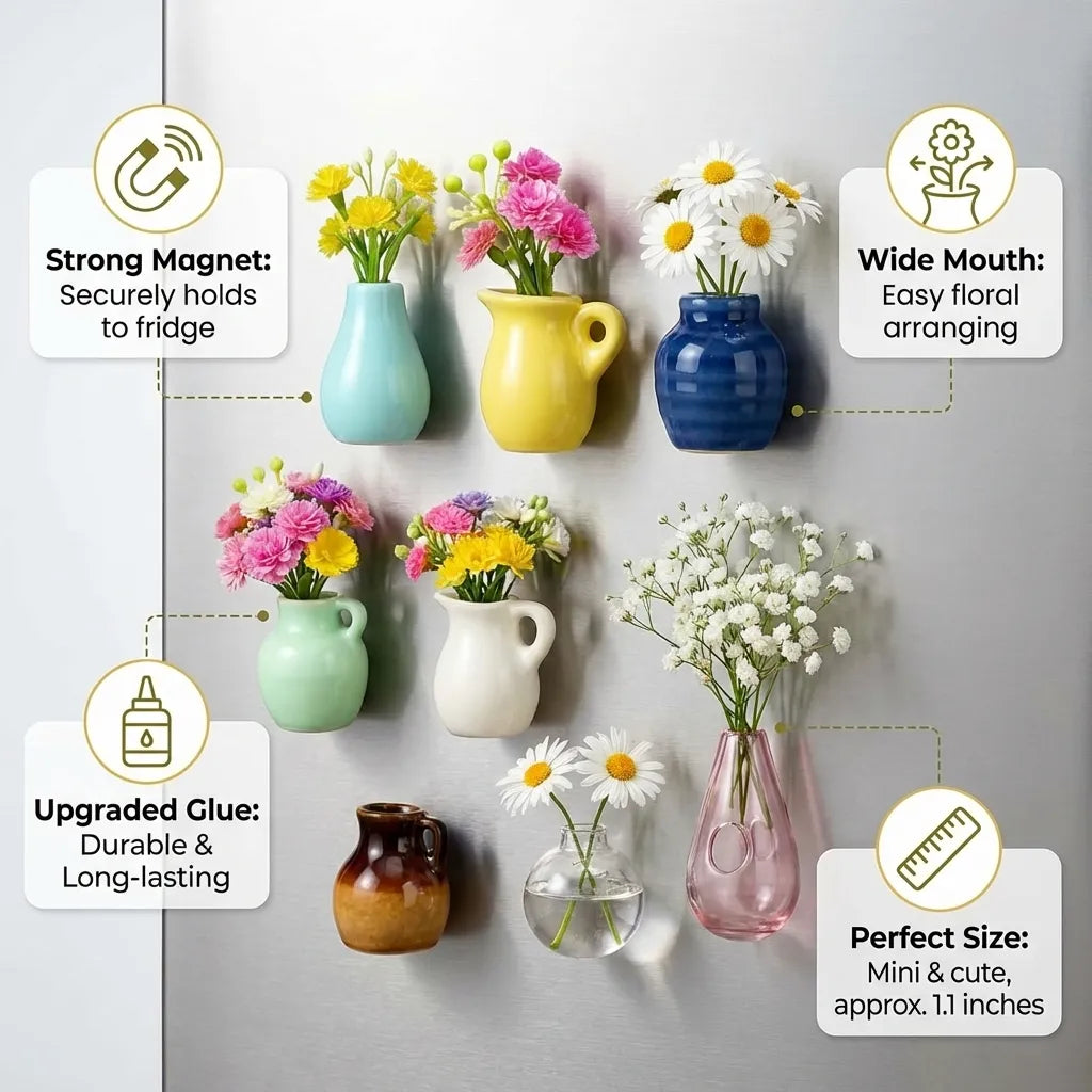 Colorful mini vases with flowers attached to a refrigerator door, highlighting features like strong magnet, wide mouth, upgraded glue, and perfect size.