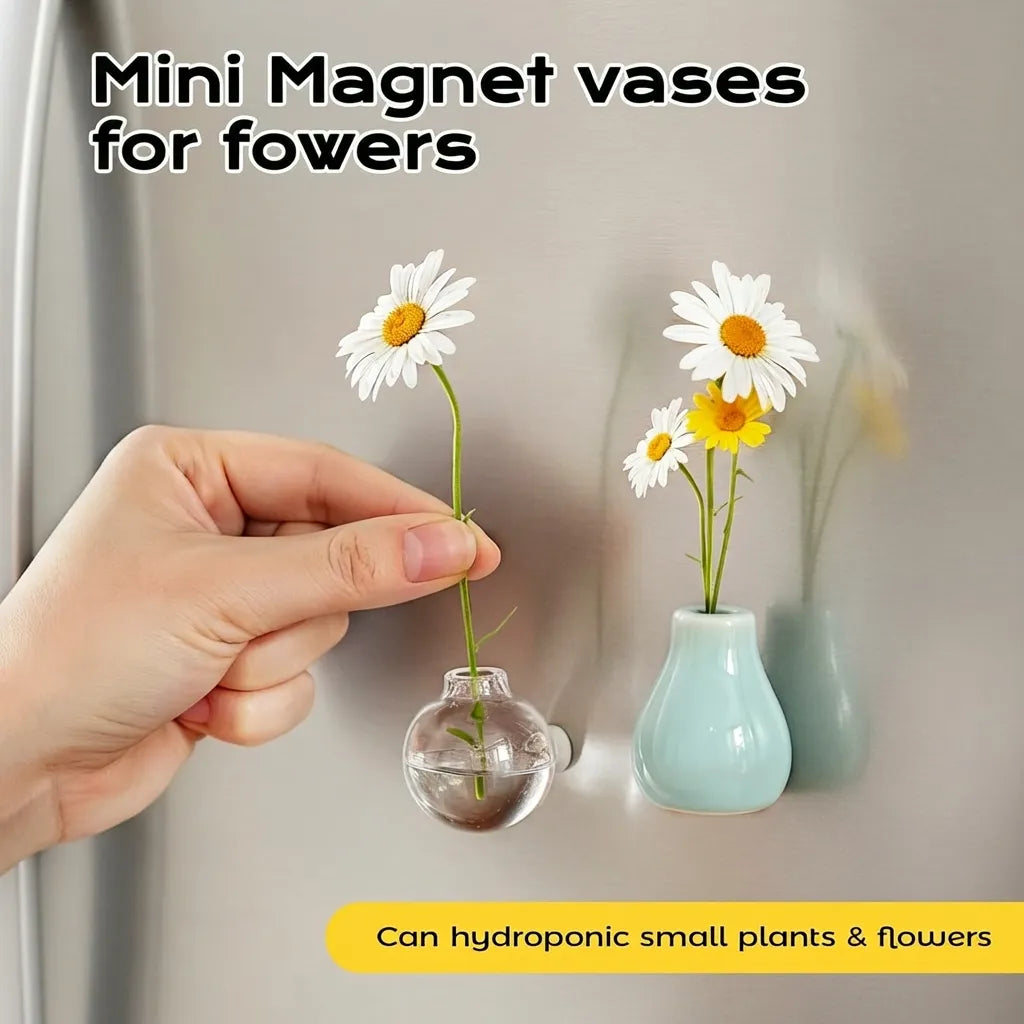 Miniature magnet vases for flowers on a metallic surface with text.