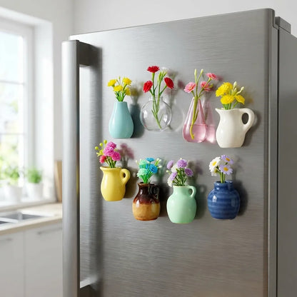 Colorful ceramic vases with flowers attached to a refrigerator