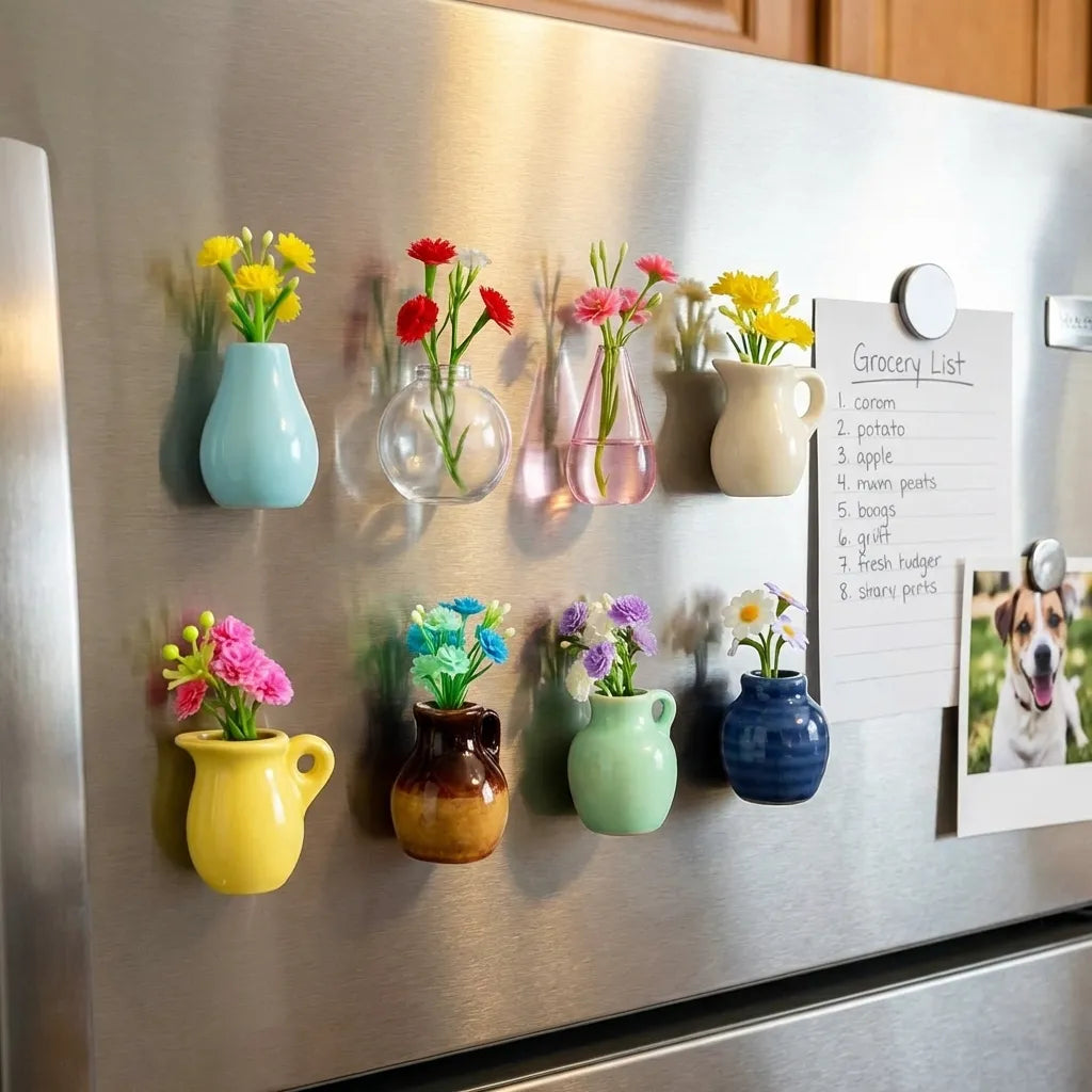 Colorful flower vases attached to a refrigerator with a grocery list and photo.