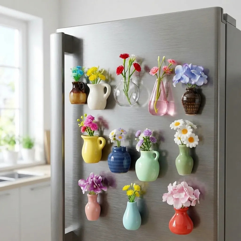 Colorful flower-shaped magnetic vases on a refrigerator door.