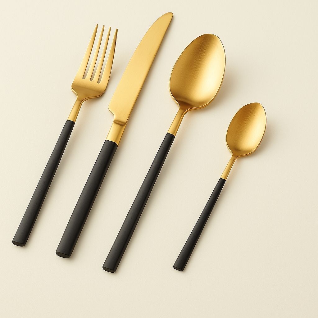  Gold stainless steel flatware set with black handles featuring knife, fork, spoon, teaspoon for dining