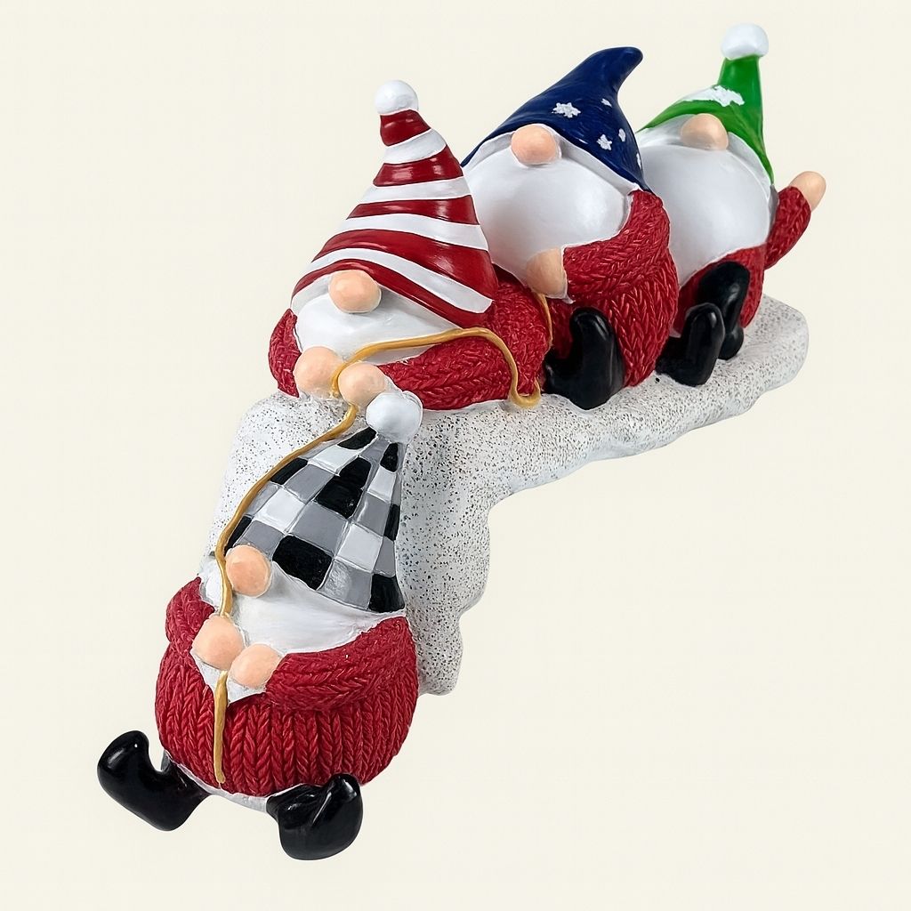 Resin Christmas ornament with faceless dwarfs in red hats sitting on shelf edge with textured carved detailing
