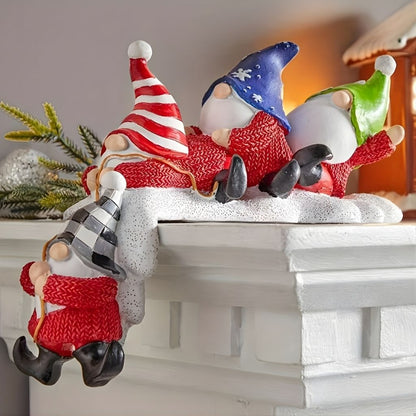 Faceless dwarf figurine row in colorful hats with carved texture and cartoon style design for Christmas display