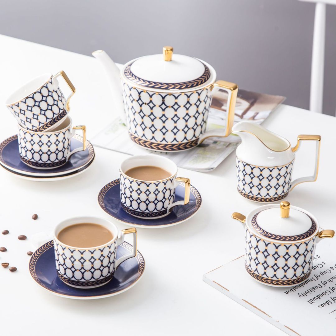Ceramic teapot set with white bone china cups for coffee and tea service